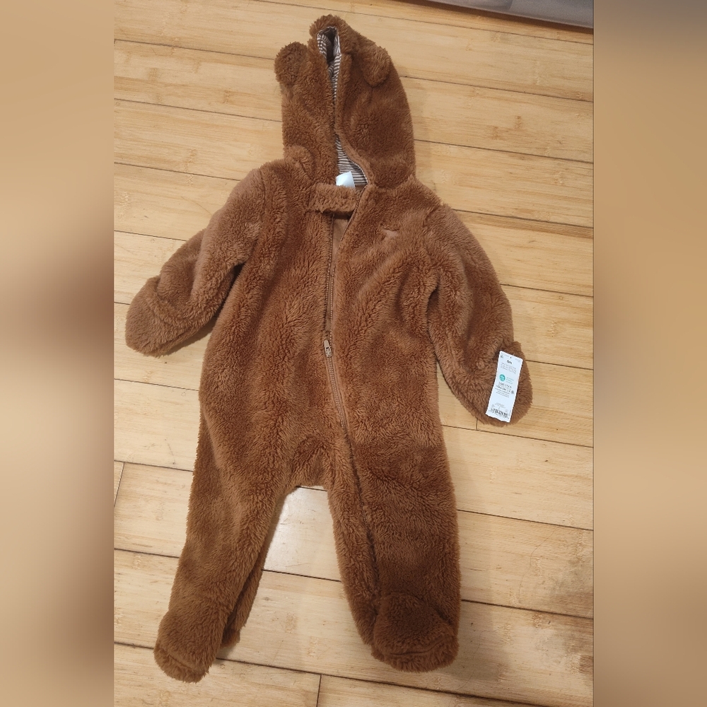 NWT, Cozy Brown Fleece Baby One Piece, Size 6 Months